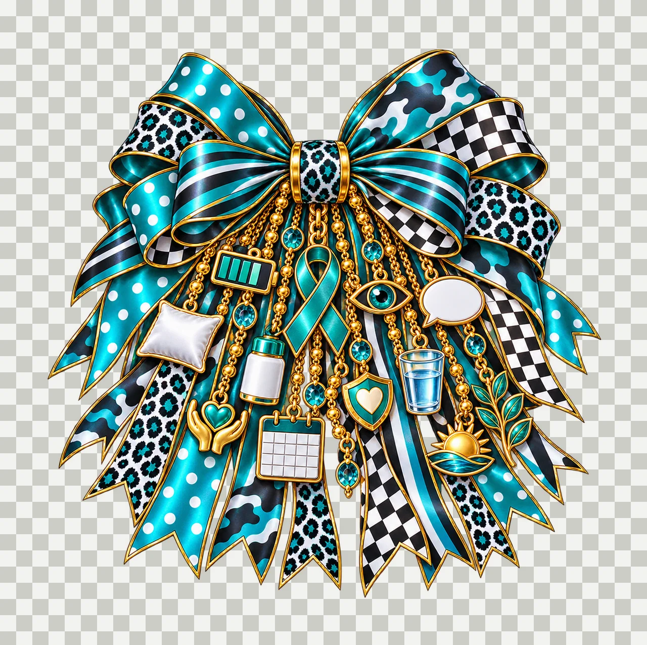 Myasthenia Gravis Awareness Bow Charm PNG, Gold Chain Charms, Transparent Sublimation Design, Digital Download transparency and detail preview thumbnail