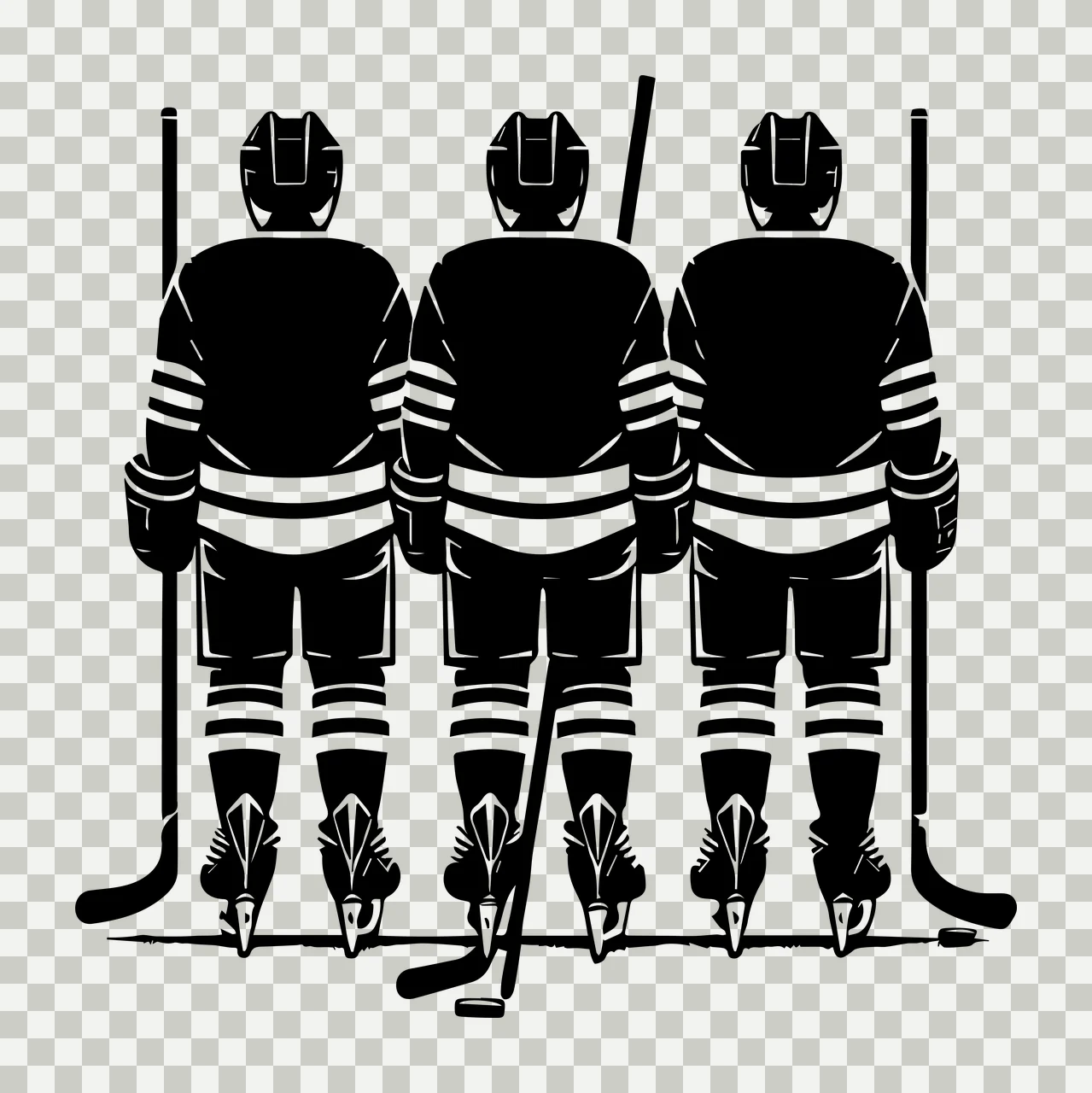 Hockey Three Players Standing Side View sticks pucks helmets transparency and detail preview thumbnail