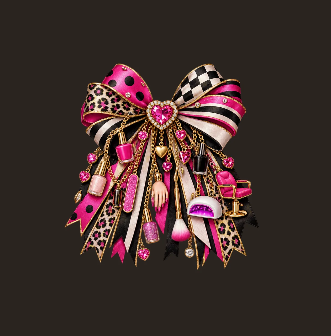 Nail Technician Bow Charm PNG, Themed Gold Chain Charms, Coquette Ribbon Sublimation Design, Transparent Digital Download contrast preview thumbnail