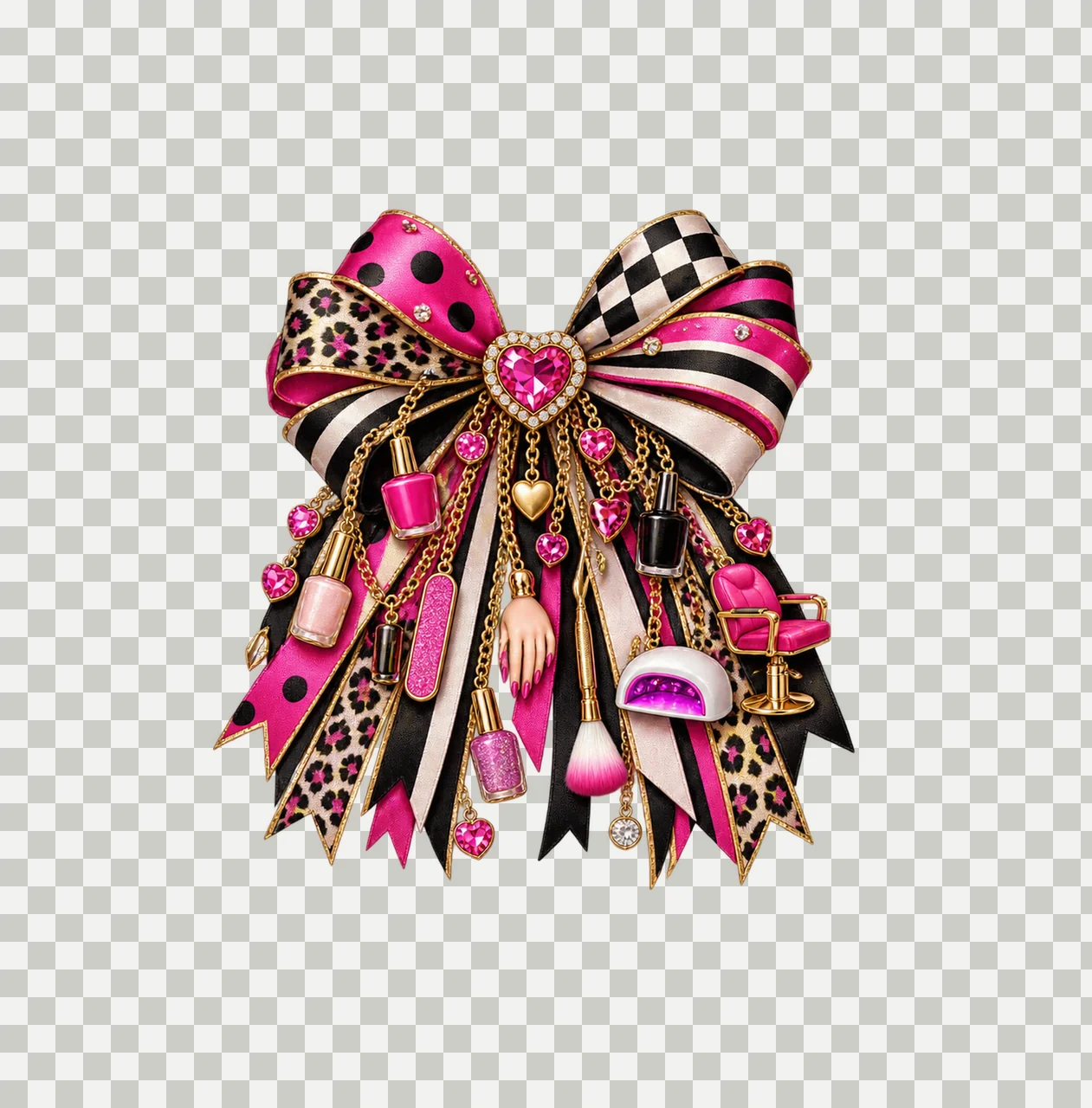 Nail Technician Bow Charm PNG, Themed Gold Chain Charms, Coquette Ribbon Sublimation Design, Transparent Digital Download transparency and detail preview thumbnail