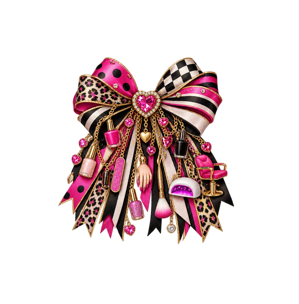 Nail Technician Bow Charm PNG, Themed Gold Chain Charms, Coquette Ribbon Sublimation Design, Transparent Digital Download