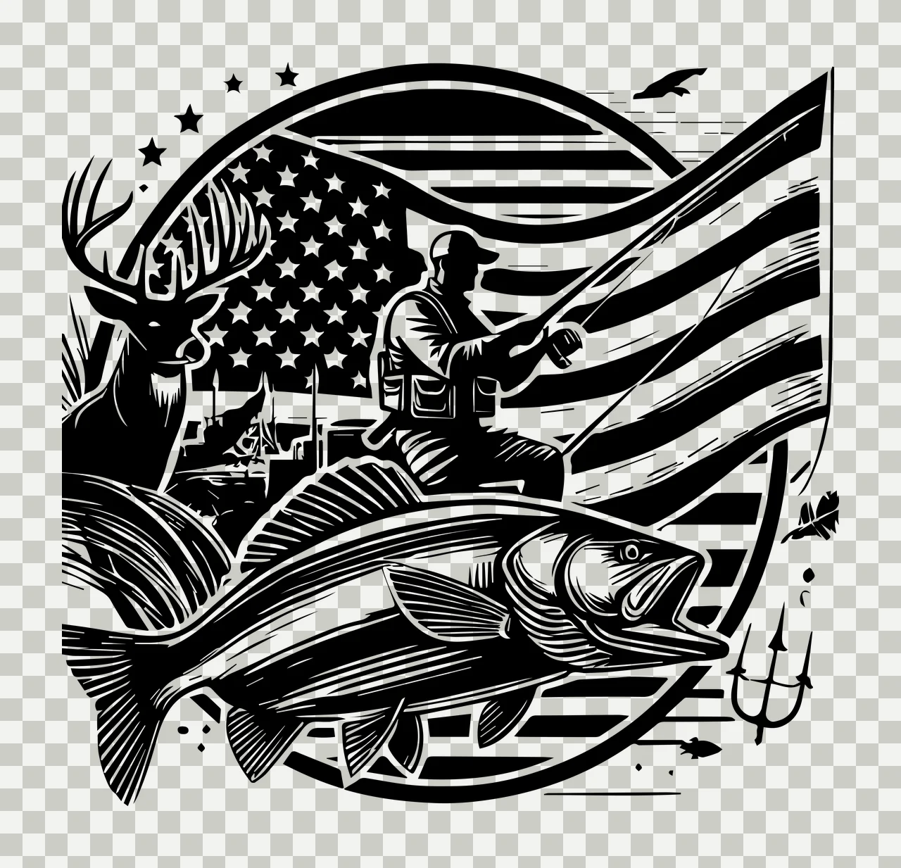 Fishing Fisherman With Deer And Fish Illustration flag star transparency and detail preview thumbnail