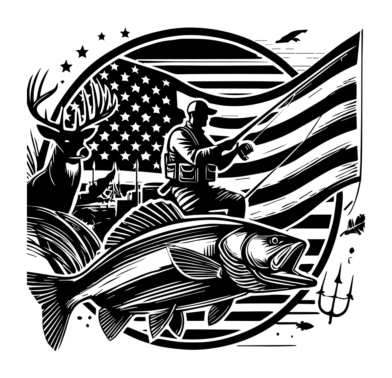 Fishing Fisherman With Deer And Fish Illustration flag star