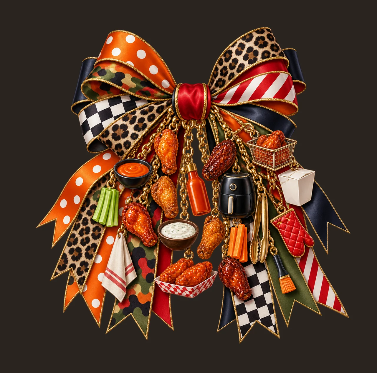 Chicken Wing Lover Bow Charm PNG, Themed Gold Chain Charms, Coquette Ribbon Sublimation Design, Transparent Digital Download contrast preview thumbnail