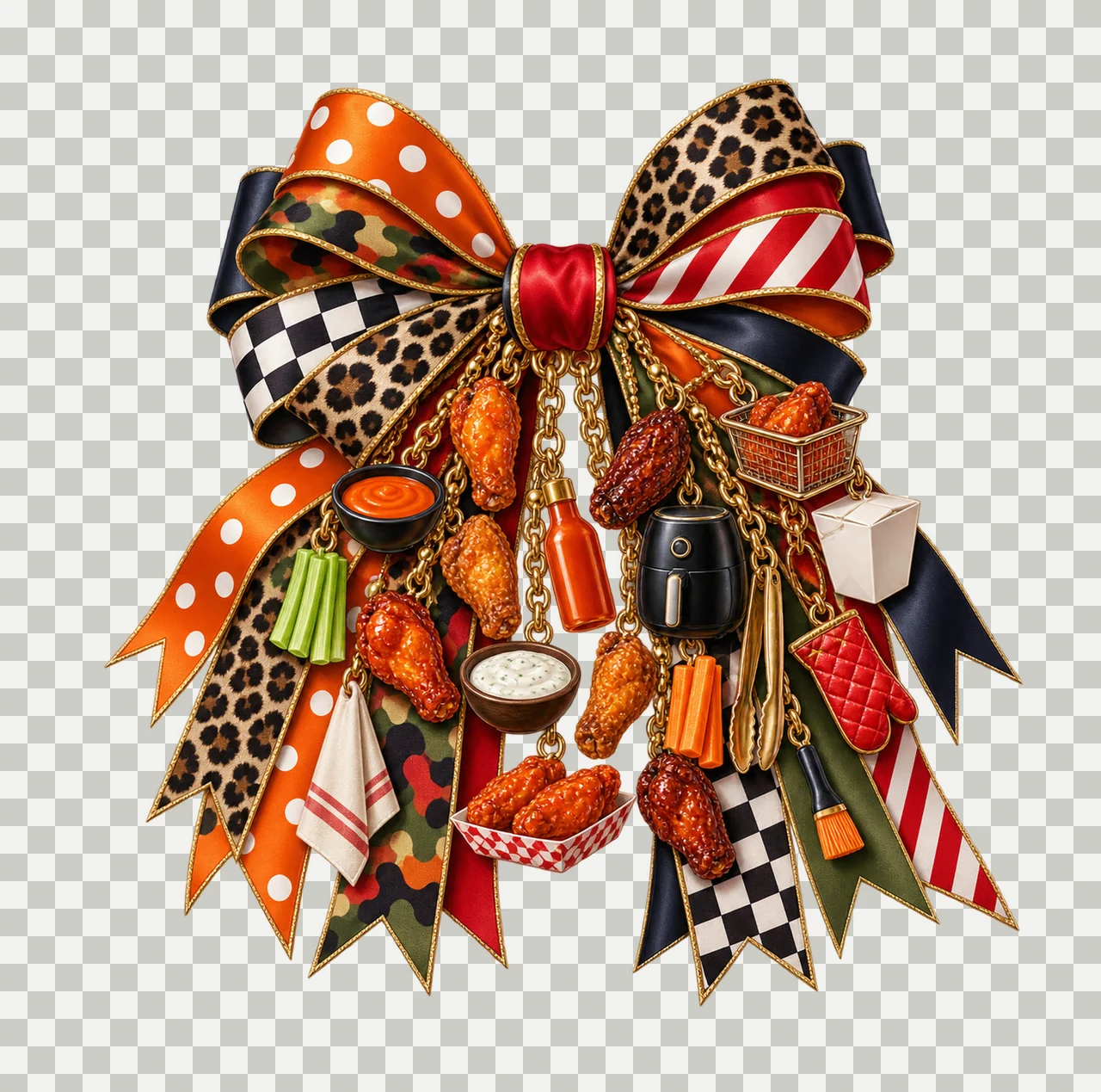 Chicken Wing Lover Bow Charm PNG, Themed Gold Chain Charms, Coquette Ribbon Sublimation Design, Transparent Digital Download transparency and detail preview thumbnail