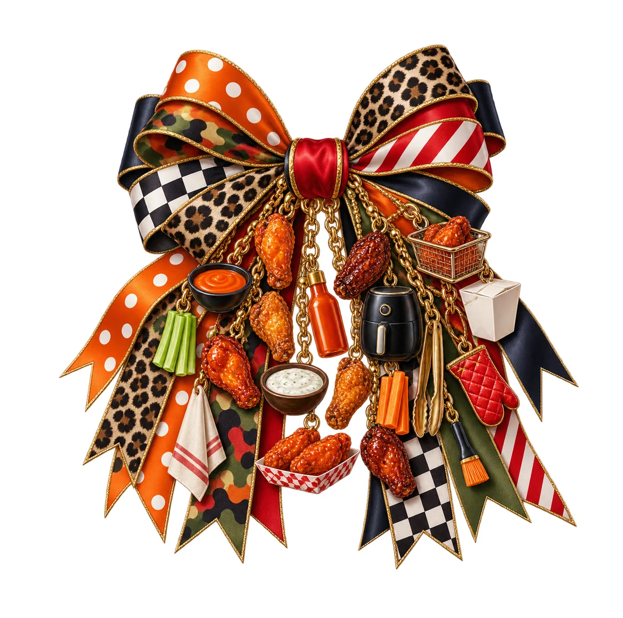 Chicken Wing Lover Bow Charm PNG, Themed Gold Chain Charms, Coquette Ribbon Sublimation Design, Transparent Digital Download
