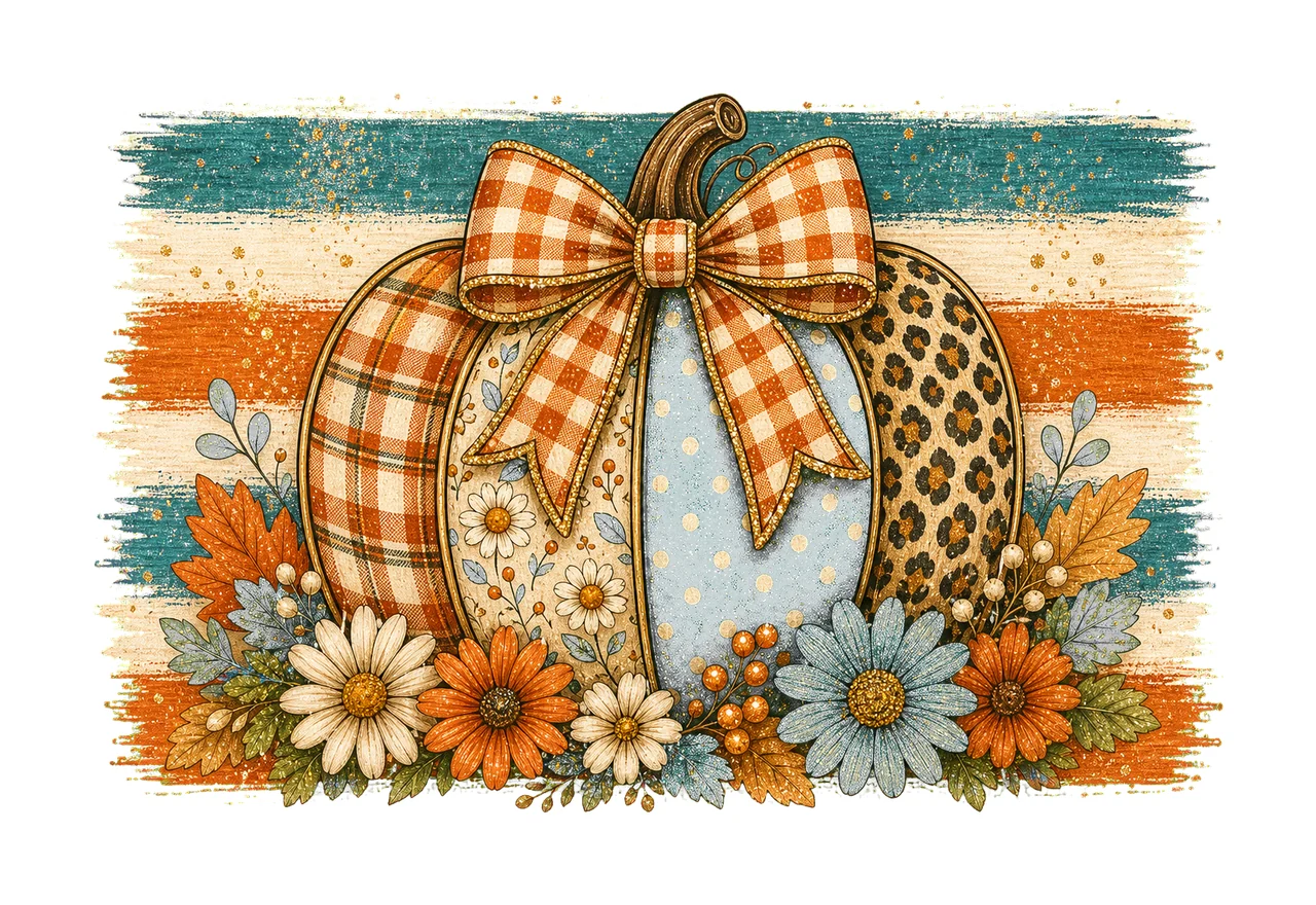 Striped Preppy Fall Pumpkin Glitter Floral Variation C