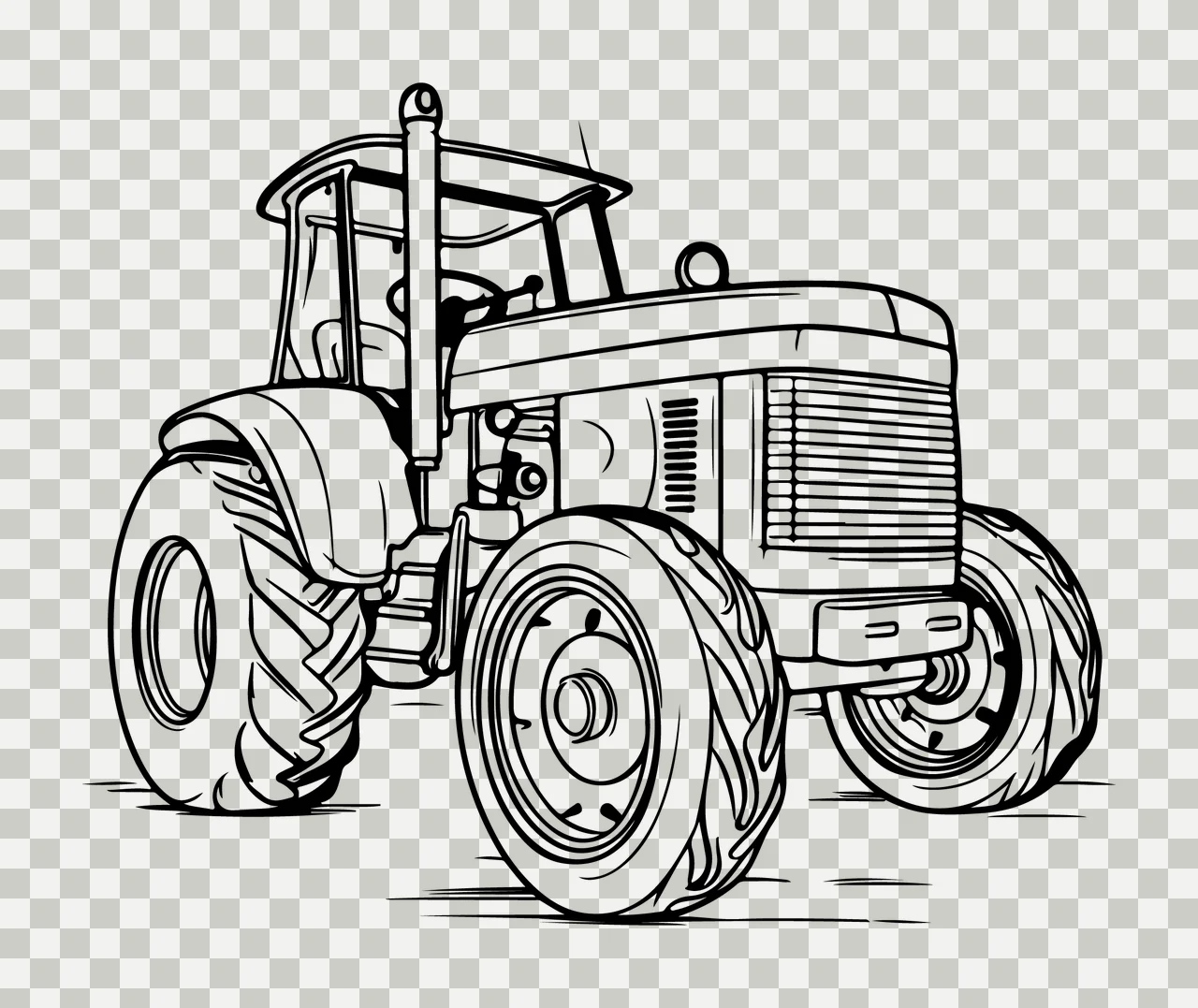 Black And White Farm Tractor stationary wheels tires exhaust pipe transparency and detail preview thumbnail