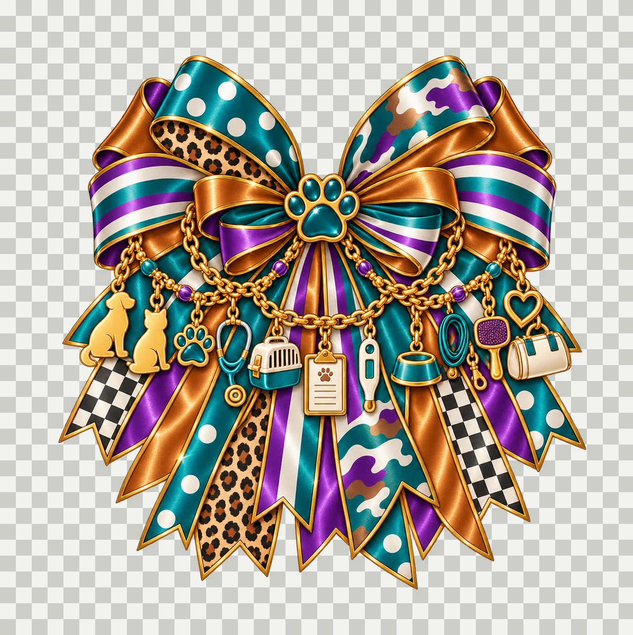 Veterinary Assistant Bow Charm PNG, Gold Chain Charms, Transparent Sublimation Design, Digital Download transparency and detail preview thumbnail
