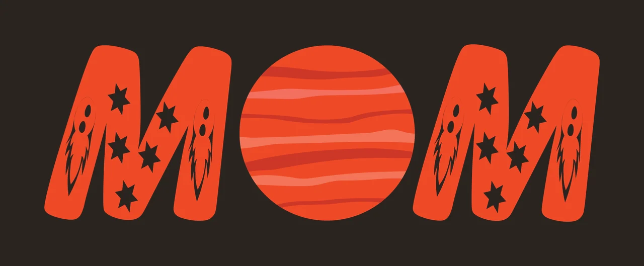 MOM Typography Design with letter M, striped planet, rockets and stars in red-orange, dark red and white contrast preview thumbnail