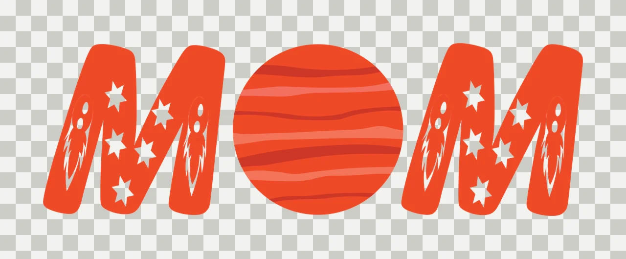 MOM Typography Design with letter M, striped planet, rockets and stars in red-orange, dark red and white transparency and detail preview thumbnail