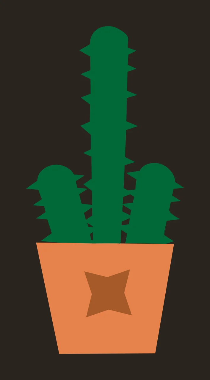 Three-spined green cactus in a terracotta- pot Illustration with green cactus with three stems, orange pot and brown star-shaped design contrast preview thumbnail