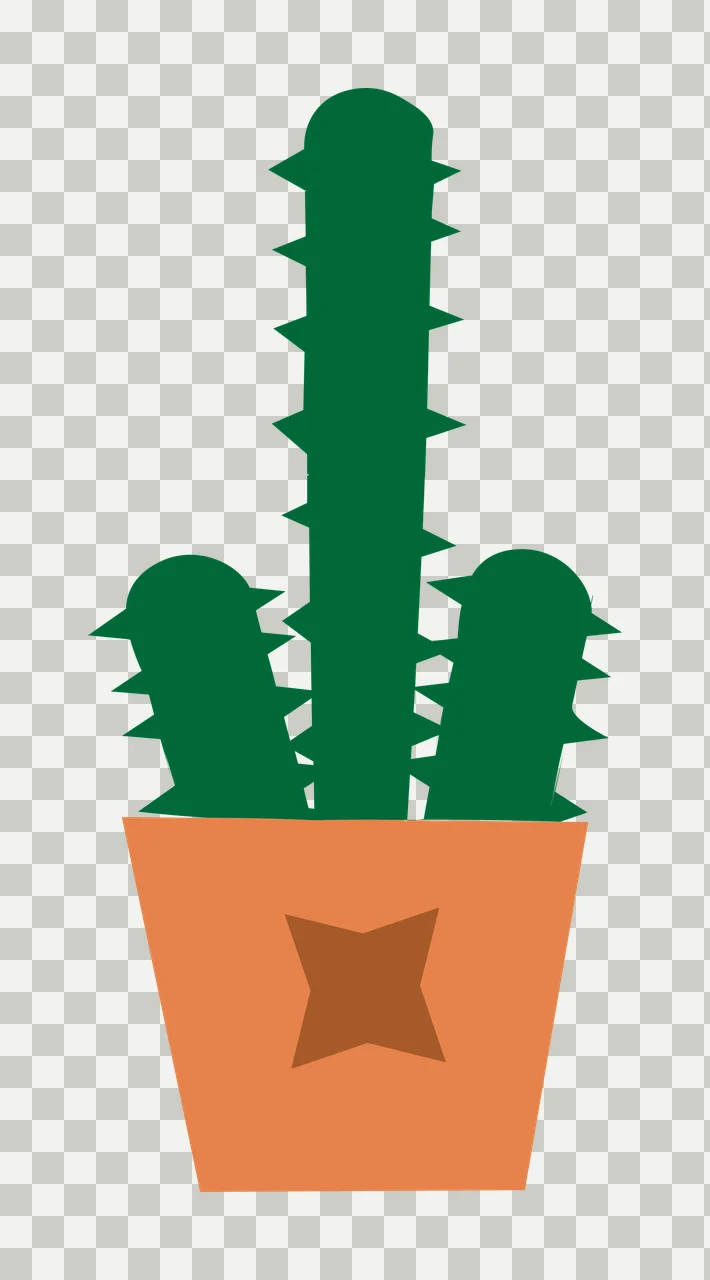 Three-spined green cactus in a terracotta- pot Illustration with green cactus with three stems, orange pot and brown star-shaped design transparency and detail preview thumbnail