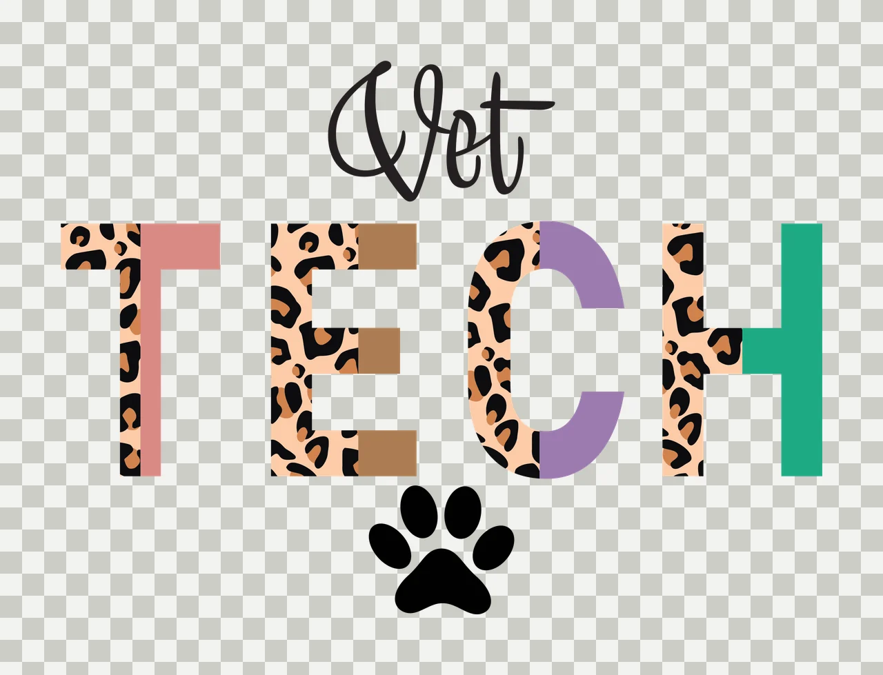 Vet TECH Vet Tech logo design with black cursive 'Vet', leopard print letters 'T' 'E' 'C' 'H', colored blocks pink on T brown on E and C purple on C green on H and black paw print below transparency and detail preview thumbnail