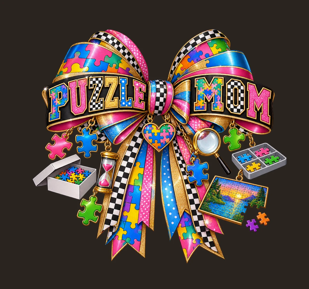 Puzzle Mom Bow Charm PNG, Patterned Varsity Mom Ribbon Clipart, Transparent Sublimation Digital Download contrast preview thumbnail