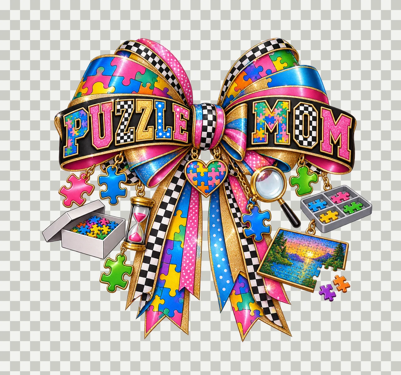 Puzzle Mom Bow Charm PNG, Patterned Varsity Mom Ribbon Clipart, Transparent Sublimation Digital Download transparency and detail preview thumbnail