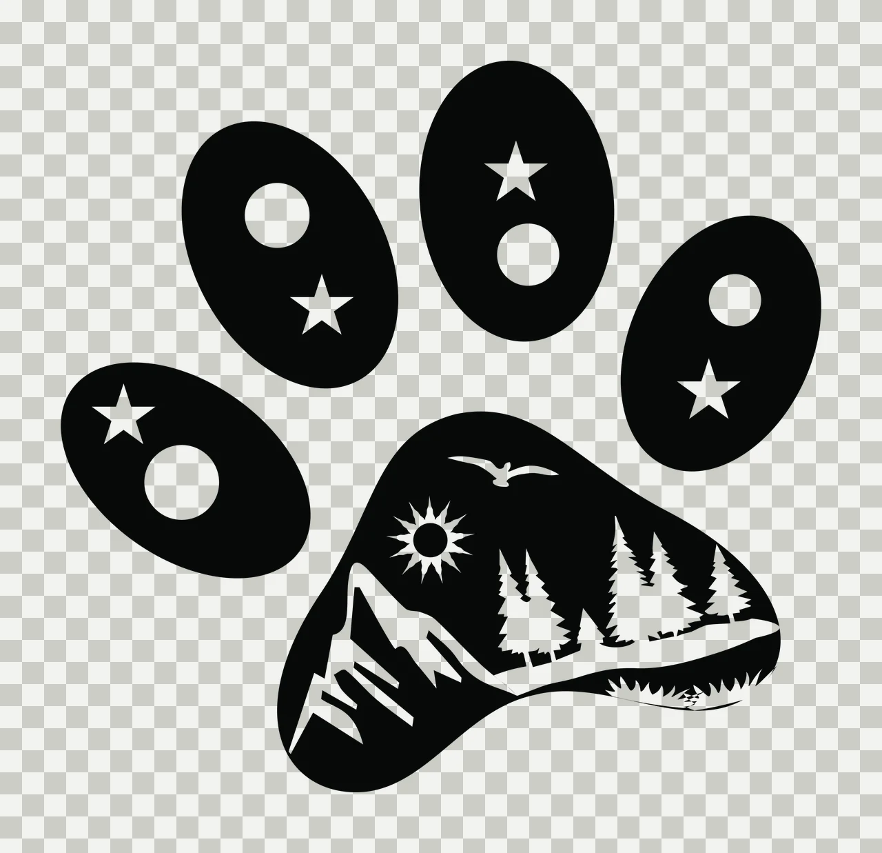 Silhouette Design of paw print landscape design with mountains, pine trees, sun and bird in black and white transparency and detail preview thumbnail