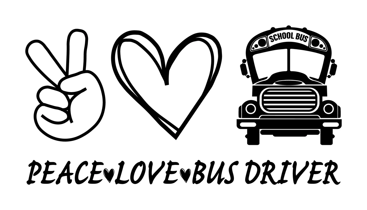 School Bus Peace Typography Design sign hand heart line art