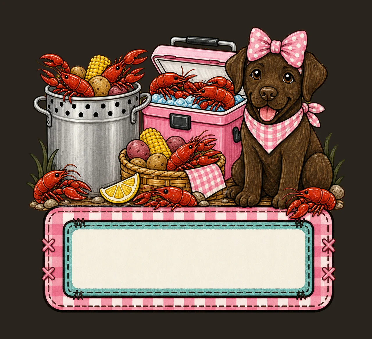 Crawfish boil with brown lab trio girl name Variation F contrast preview thumbnail