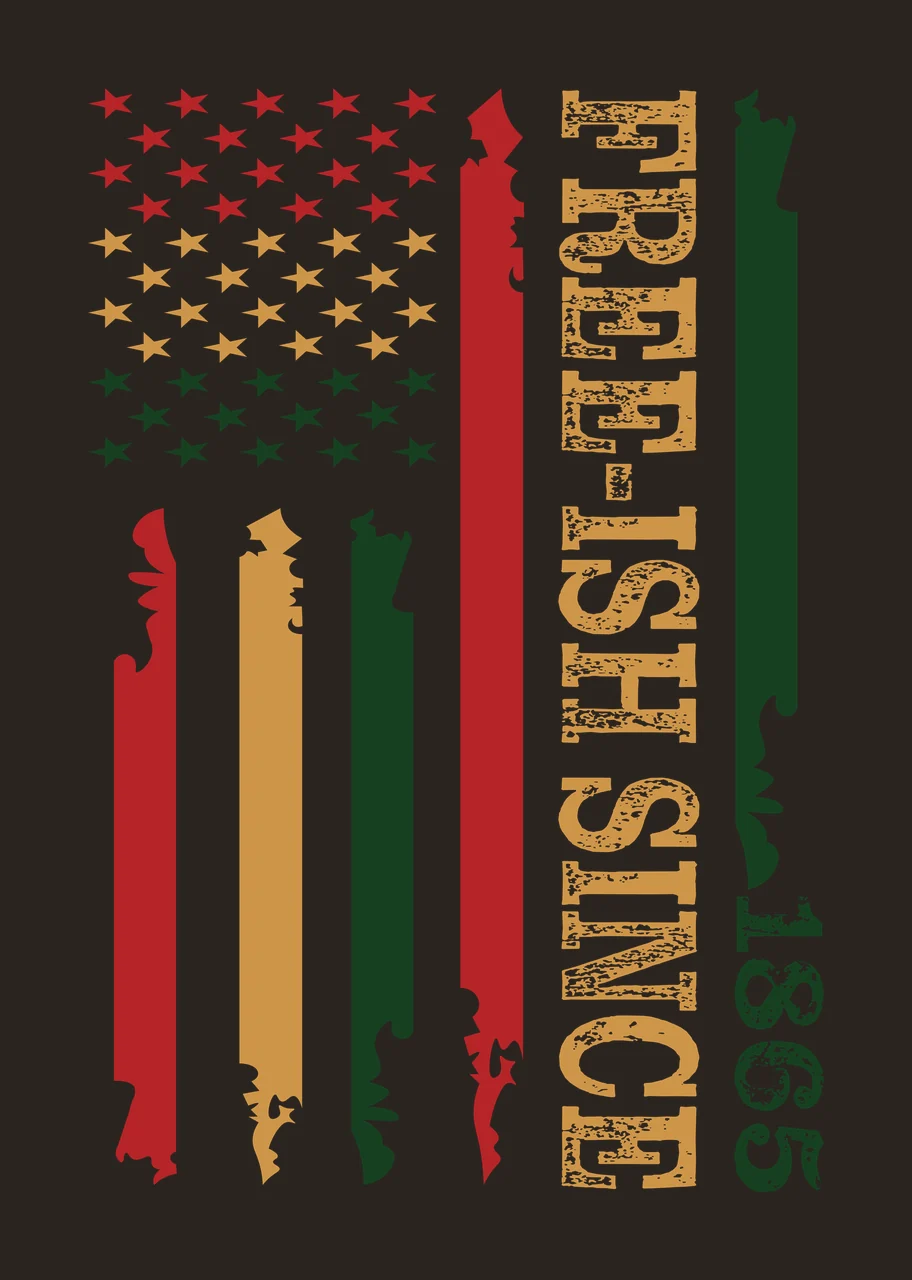 FREE-ISH SINCE 1865 Juneteenth flag motif Design with five-pointed stars, distressed vertical stripes, vertical text and year 1865 in red, gold and green contrast preview thumbnail