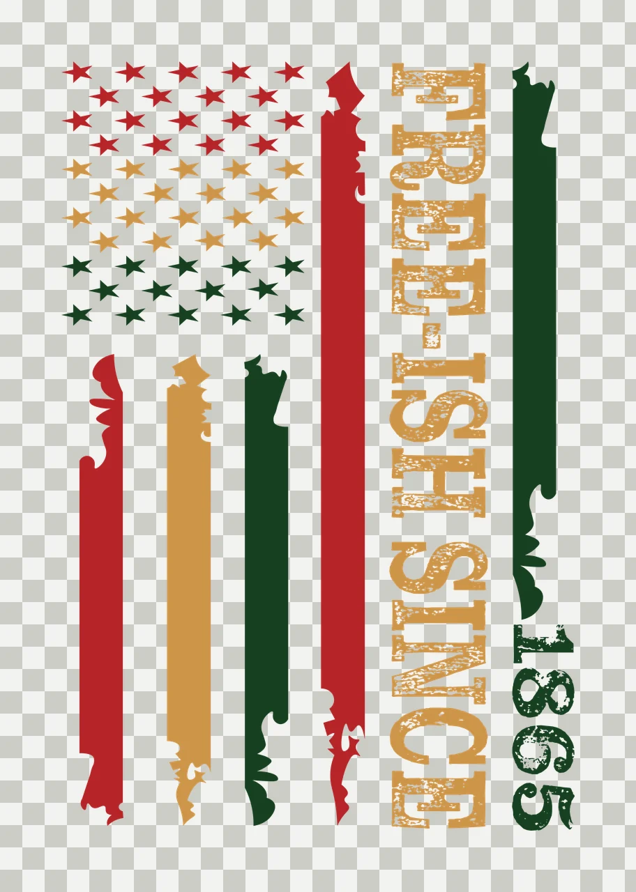FREE-ISH SINCE 1865 Juneteenth flag motif Design with five-pointed stars, distressed vertical stripes, vertical text and year 1865 in red, gold and green transparency and detail preview thumbnail
