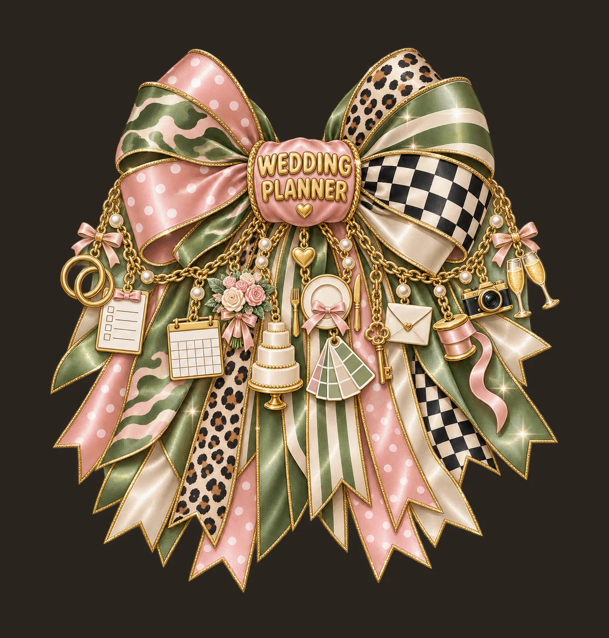 Wedding Planner Bow Charm PNG, Gold Chain Charms, Transparent Sublimation Design, Digital Download contrast preview thumbnail