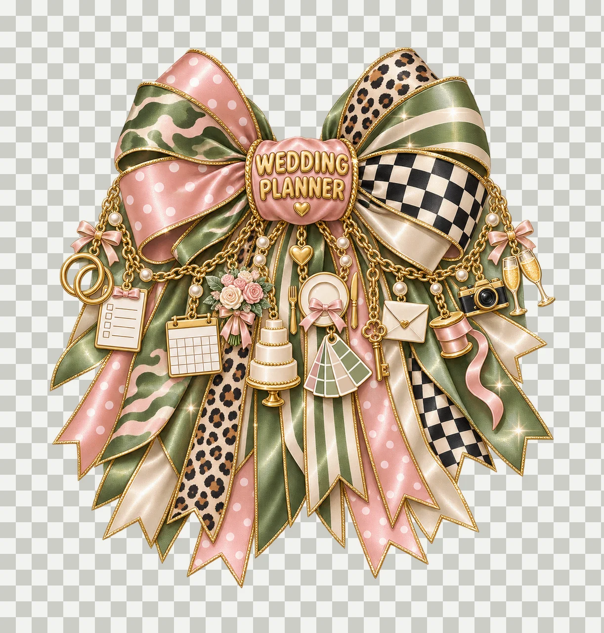 Wedding Planner Bow Charm PNG, Gold Chain Charms, Transparent Sublimation Design, Digital Download transparency and detail preview thumbnail