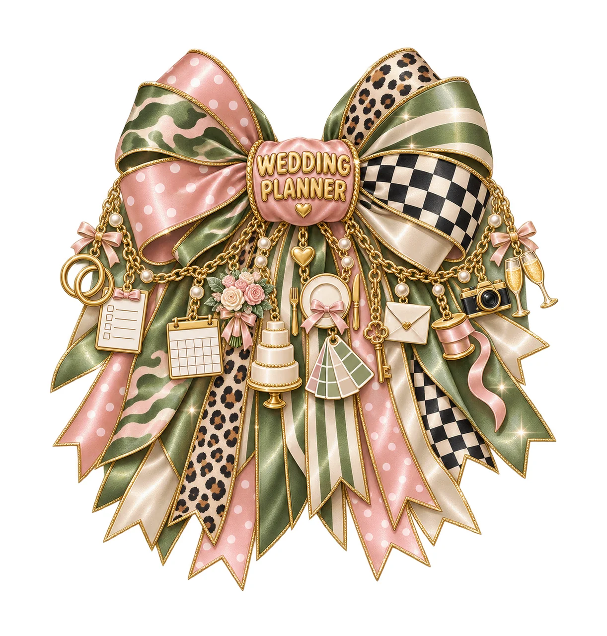Wedding Planner Bow Charm PNG, Gold Chain Charms, Transparent Sublimation Design, Digital Download