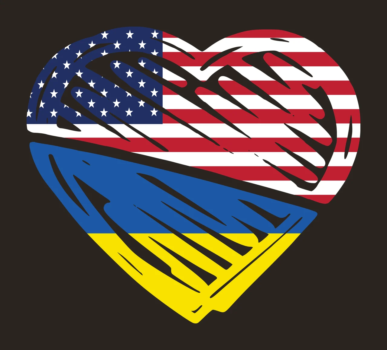 Heart-shaped flag design with American flag stars and stripes and Ukrainian flag blue and yellow in white and red contrast preview thumbnail
