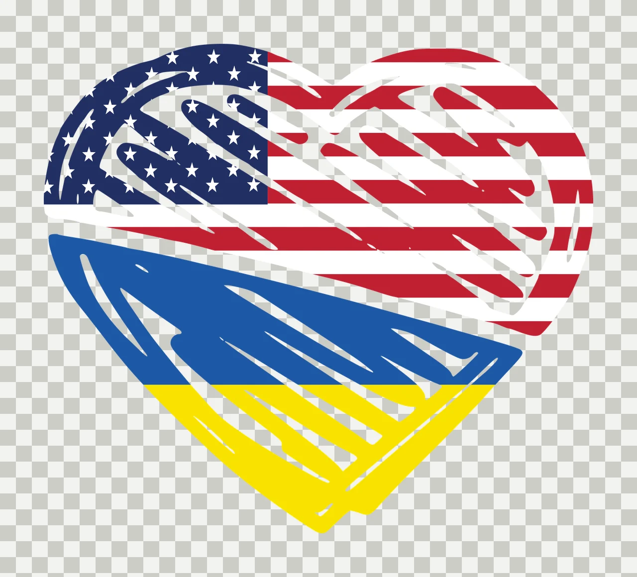 Heart-shaped flag design with American flag stars and stripes and Ukrainian flag blue and yellow in white and red transparency and detail preview thumbnail