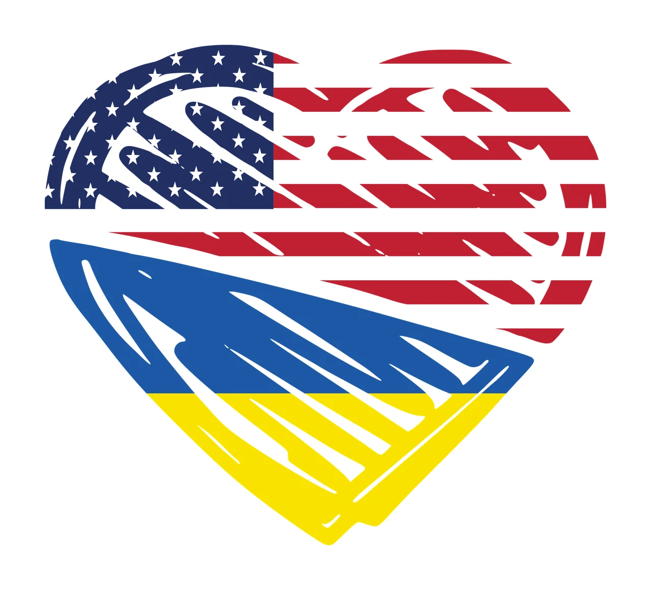 Heart-shaped flag design with American flag stars and stripes and Ukrainian flag blue and yellow in white and red