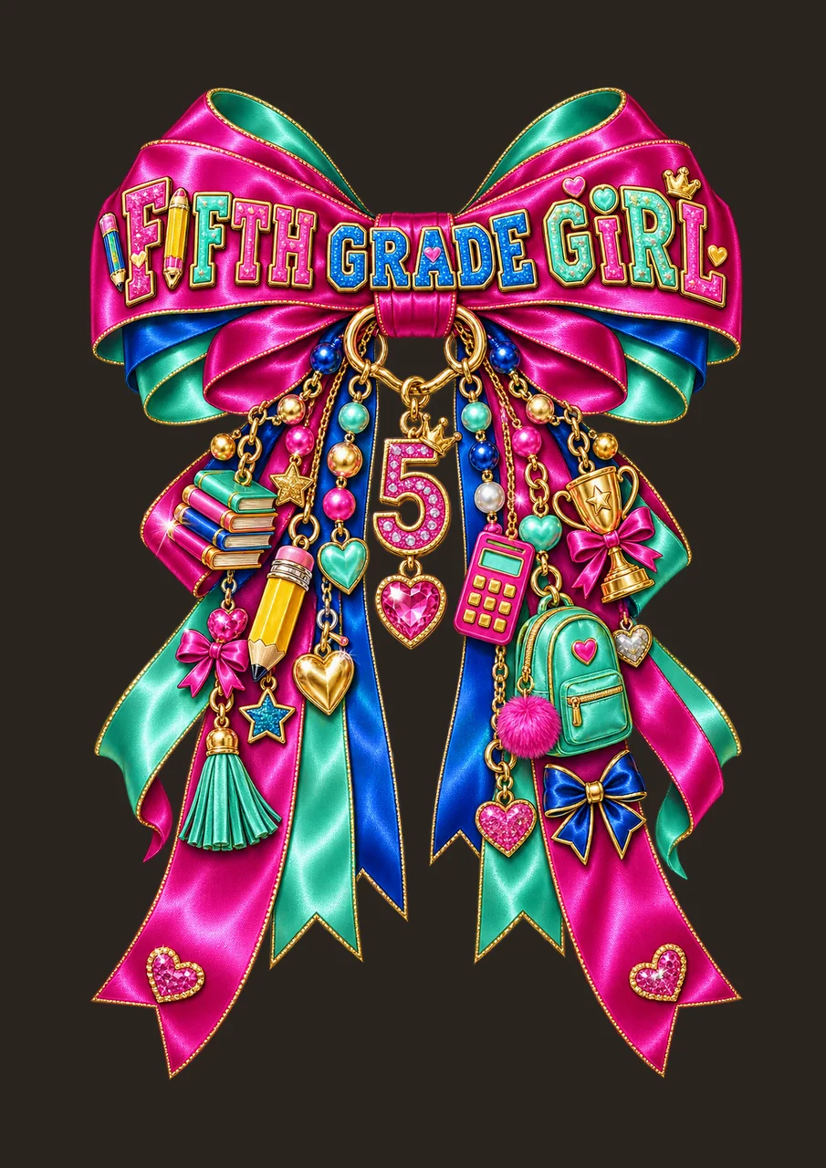 Fifth Grade Girl Bow Charm PNG, Coquette Ribbon Sublimation, Transparent Digital Download contrast preview thumbnail