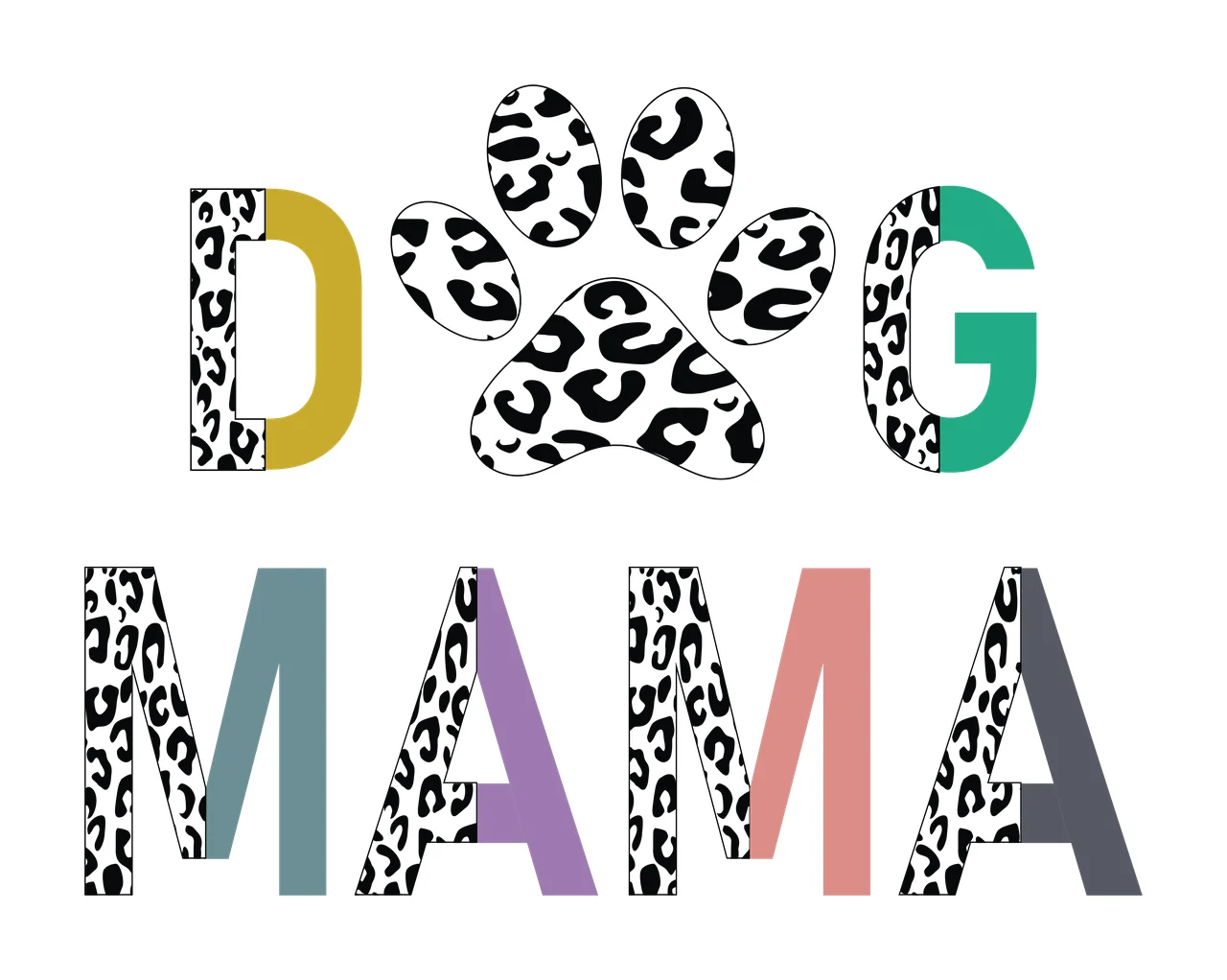 DOG MAMA DOG MAMA typography with paw print, letters, leopard print pattern and color blocks in white, black and mustard yellow