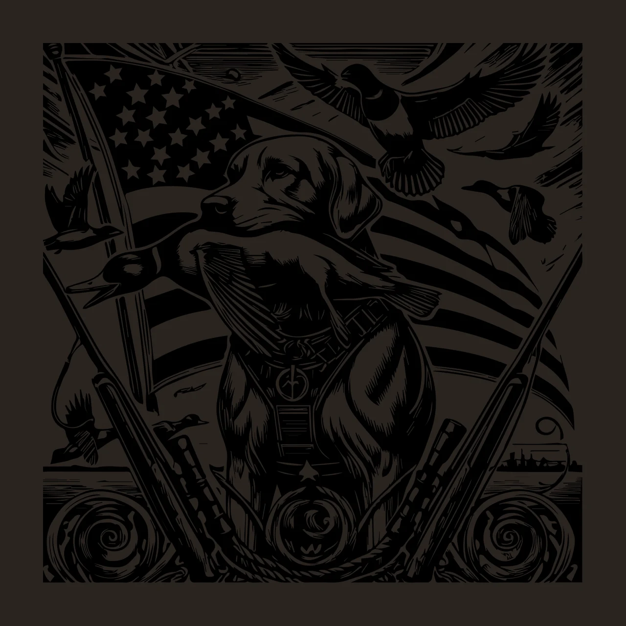 Duck Hunting Flag Dog With In Mouth Near Holding Shotgun Woodcut print contrast preview thumbnail