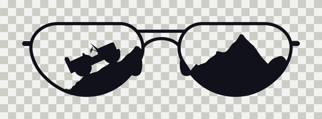 Silhouette Design of Aviator- sunglasses with dual-lens silhouettes with black sunglasses frame, silhouette of off-road vehicle, rocky terrain under vehicle and mountain silhouette in white transparency and detail preview thumbnail