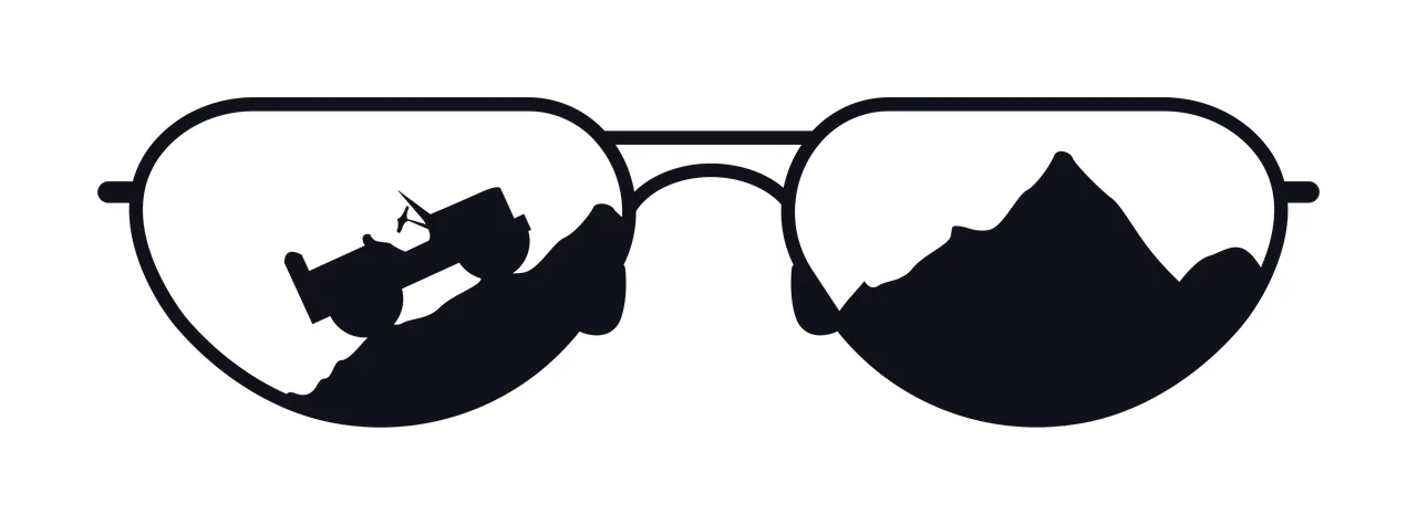 Silhouette Design of Aviator- sunglasses with dual-lens silhouettes with black sunglasses frame, silhouette of off-road vehicle, rocky terrain under vehicle and mountain silhouette in white