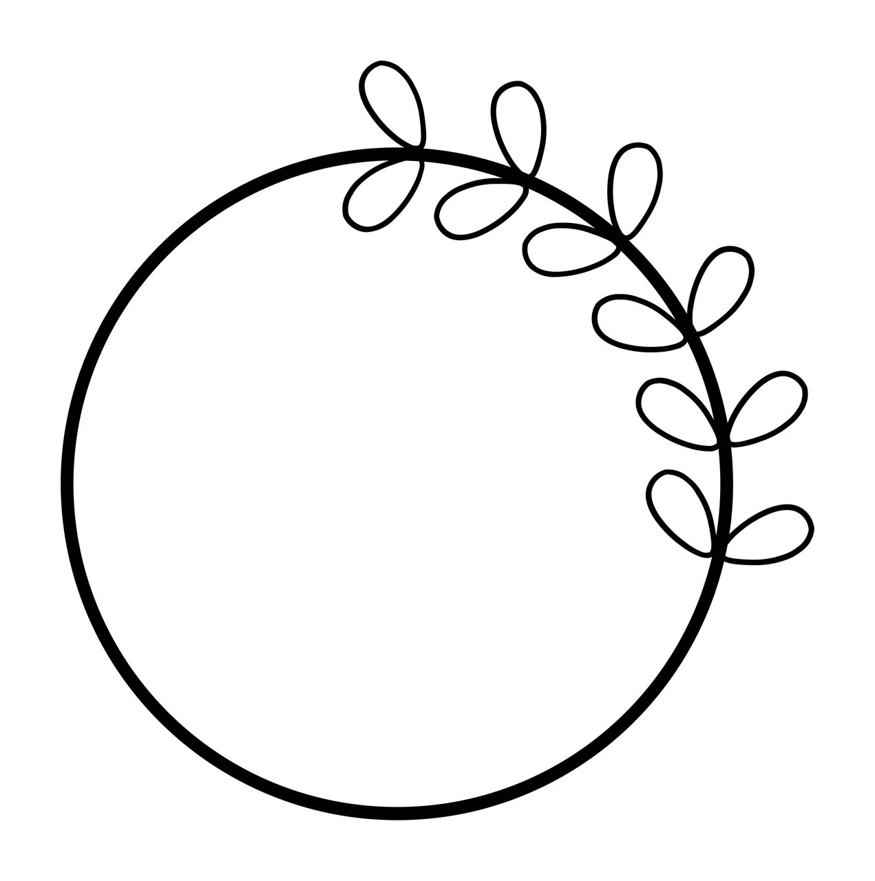 Line Art Illustration of circular frame with circle, branch and leaves in black and white