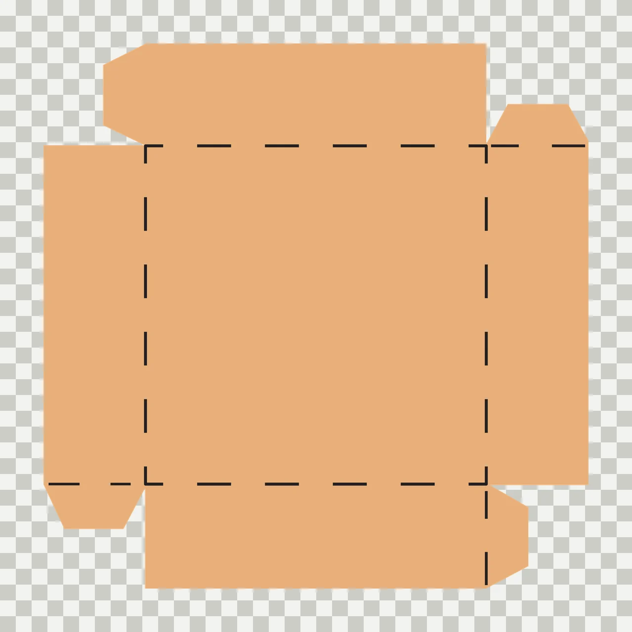 Box template Illustration with tan box layout, black dotted fold lines, solid black cut lines and Technical drawing in white transparency and detail preview thumbnail