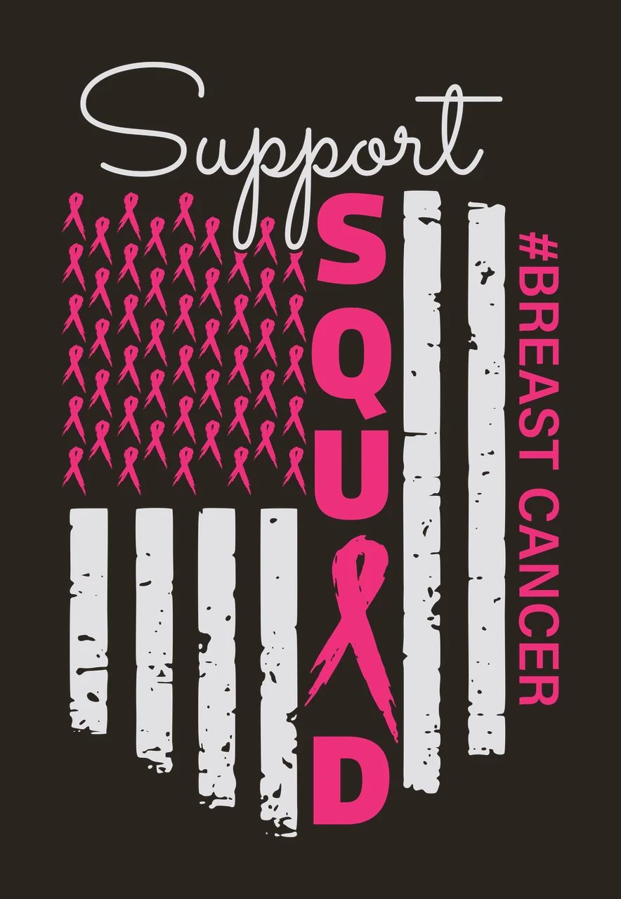 Support SQUAD #BREAST CANCER breast cancer awareness flag motif Design with pink awareness ribbons, distressed grey stripes, script text and vertical typography in white contrast preview thumbnail