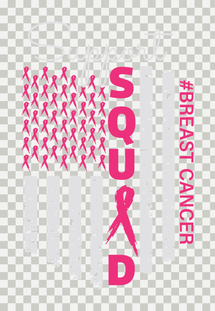 Support SQUAD #BREAST CANCER breast cancer awareness flag motif Design with pink awareness ribbons, distressed grey stripes, script text and vertical typography in white transparency and detail preview thumbnail