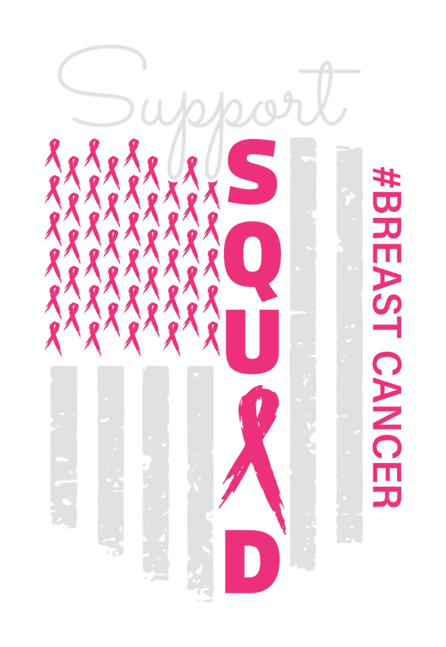 Support SQUAD #BREAST CANCER breast cancer awareness flag motif Design with pink awareness ribbons, distressed grey stripes, script text and vertical typography in white