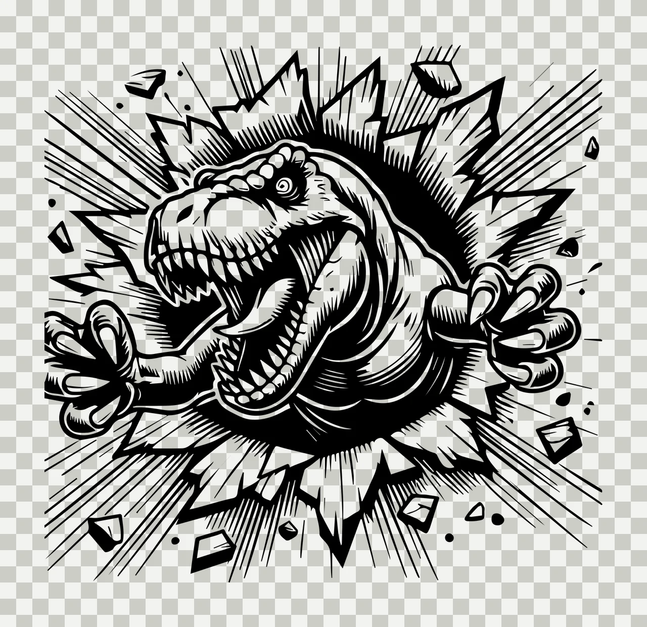 Wall Dinosaur Head Breaking Through Illustration claws cracks transparency and detail preview thumbnail