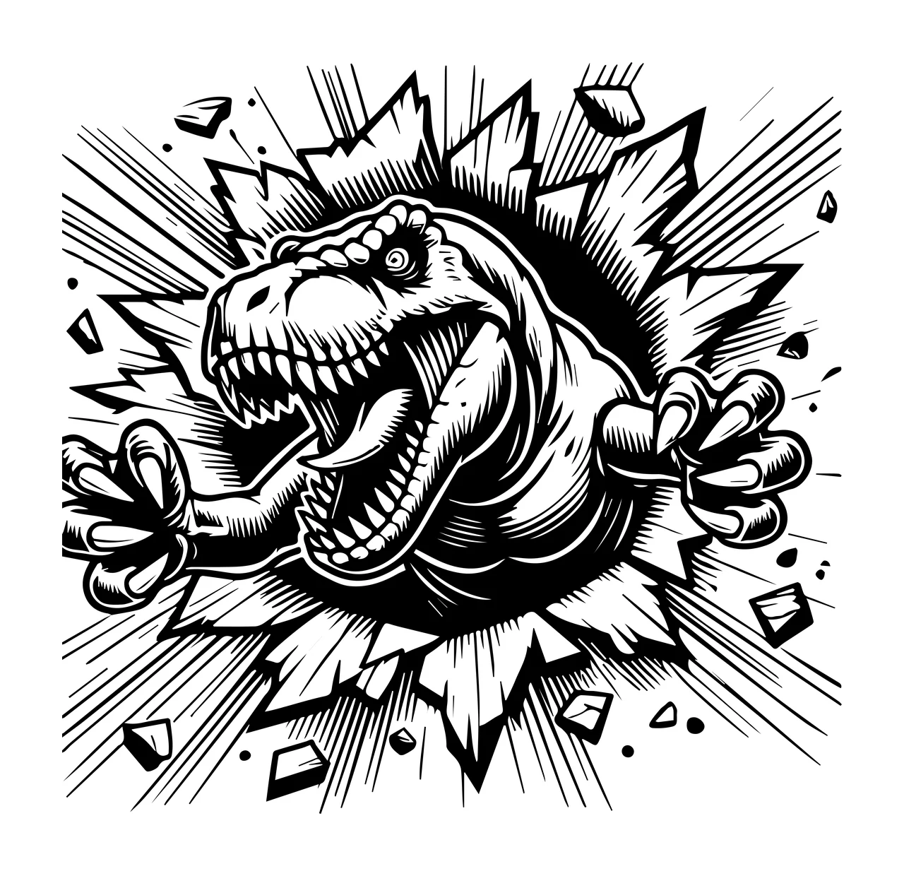 Wall Dinosaur Head Breaking Through Illustration claws cracks
