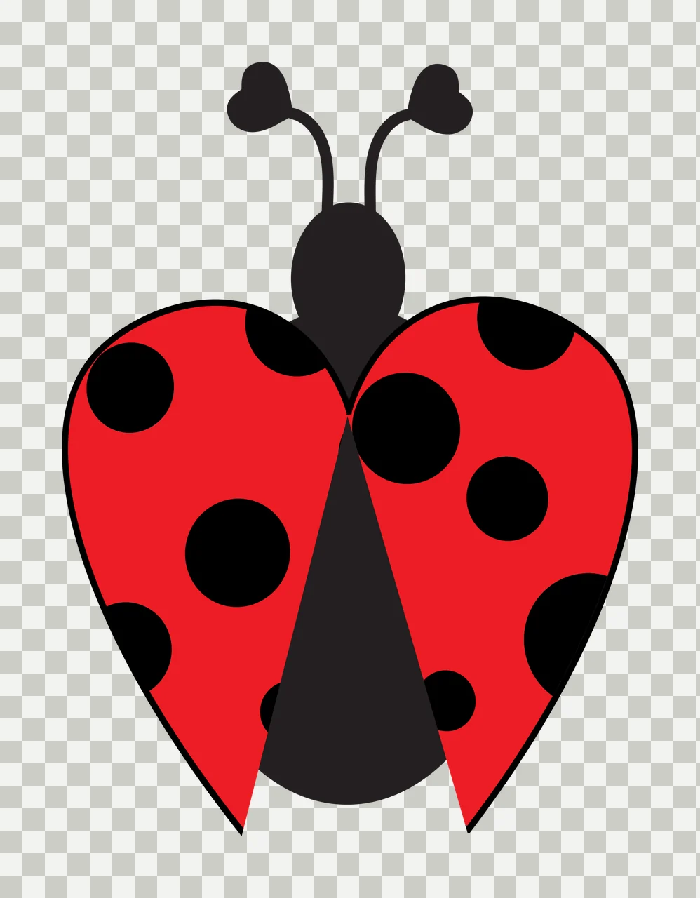 Ladybug with heart-shaped wings Illustration with red wings with black spots, black body, black antennae with heart tips and white background transparency and detail preview thumbnail