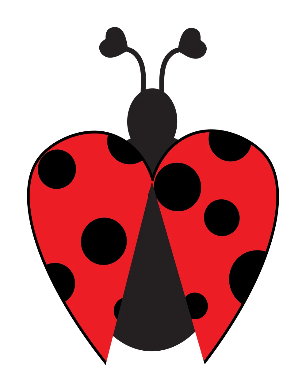 Ladybug with heart-shaped wings Illustration with red wings with black spots, black body, black antennae with heart tips and white background