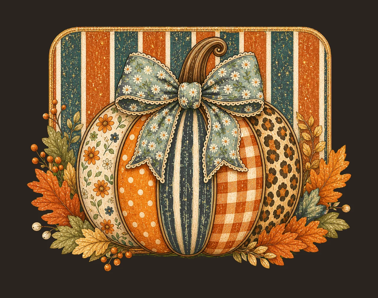 Striped Preppy Fall Pumpkin Glitter Floral Variation D contrast preview thumbnail