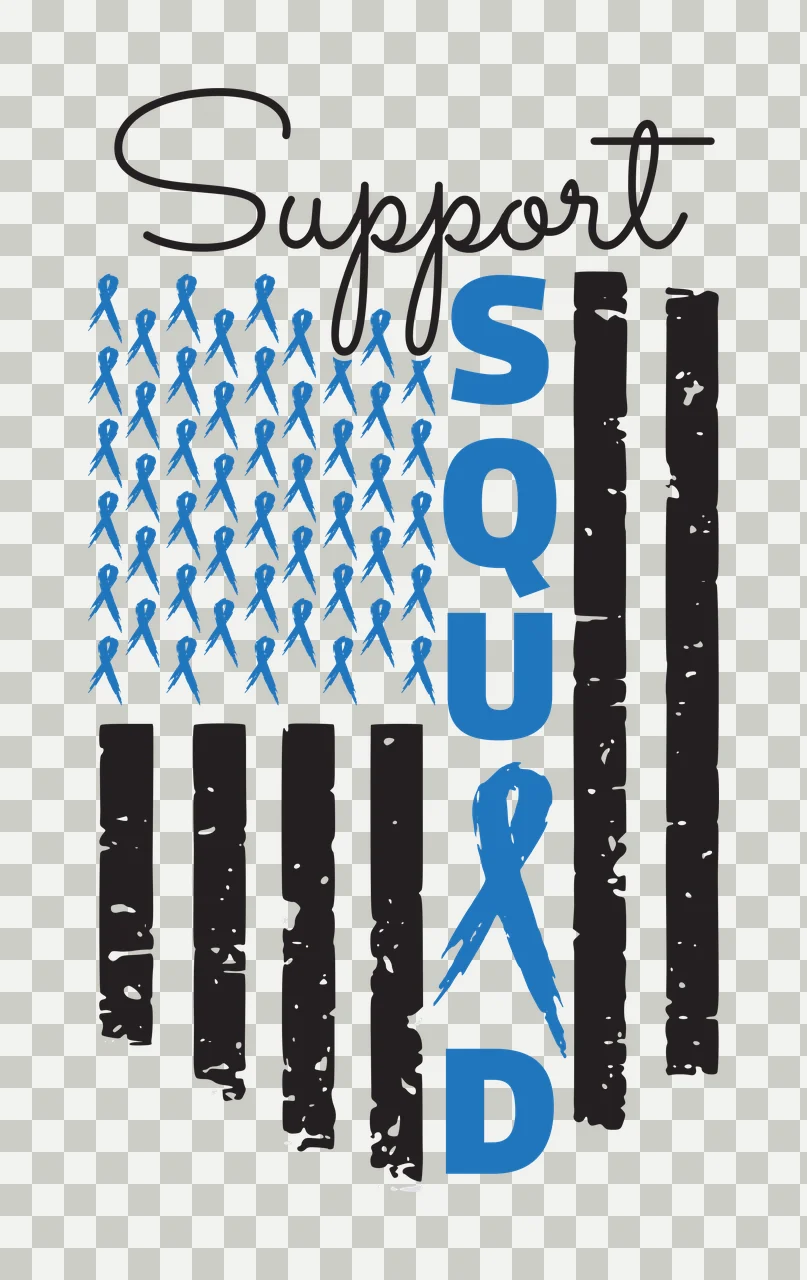 Support SQUAD Typography Design with blue ribbons arranged as flag field, black distressed vertical stripes, blue vertical letters S Q U A D and blue ribbon integrated into the letter 'A' in white transparency and detail preview thumbnail