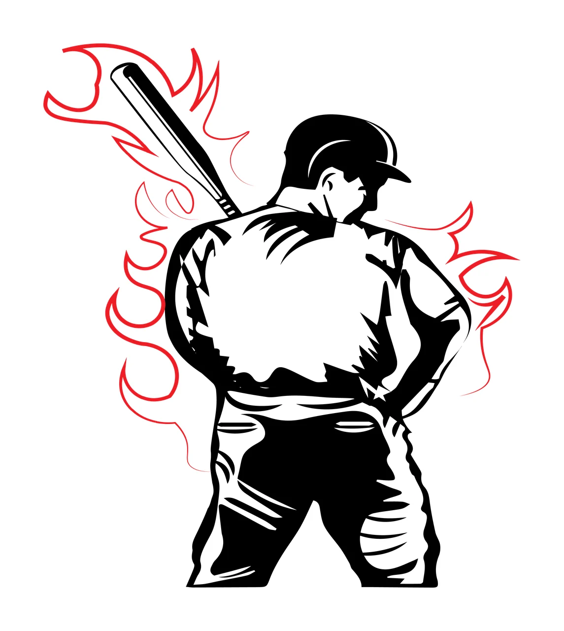 Baseball Player Holding Bat With Stylized Flames helmet graphic