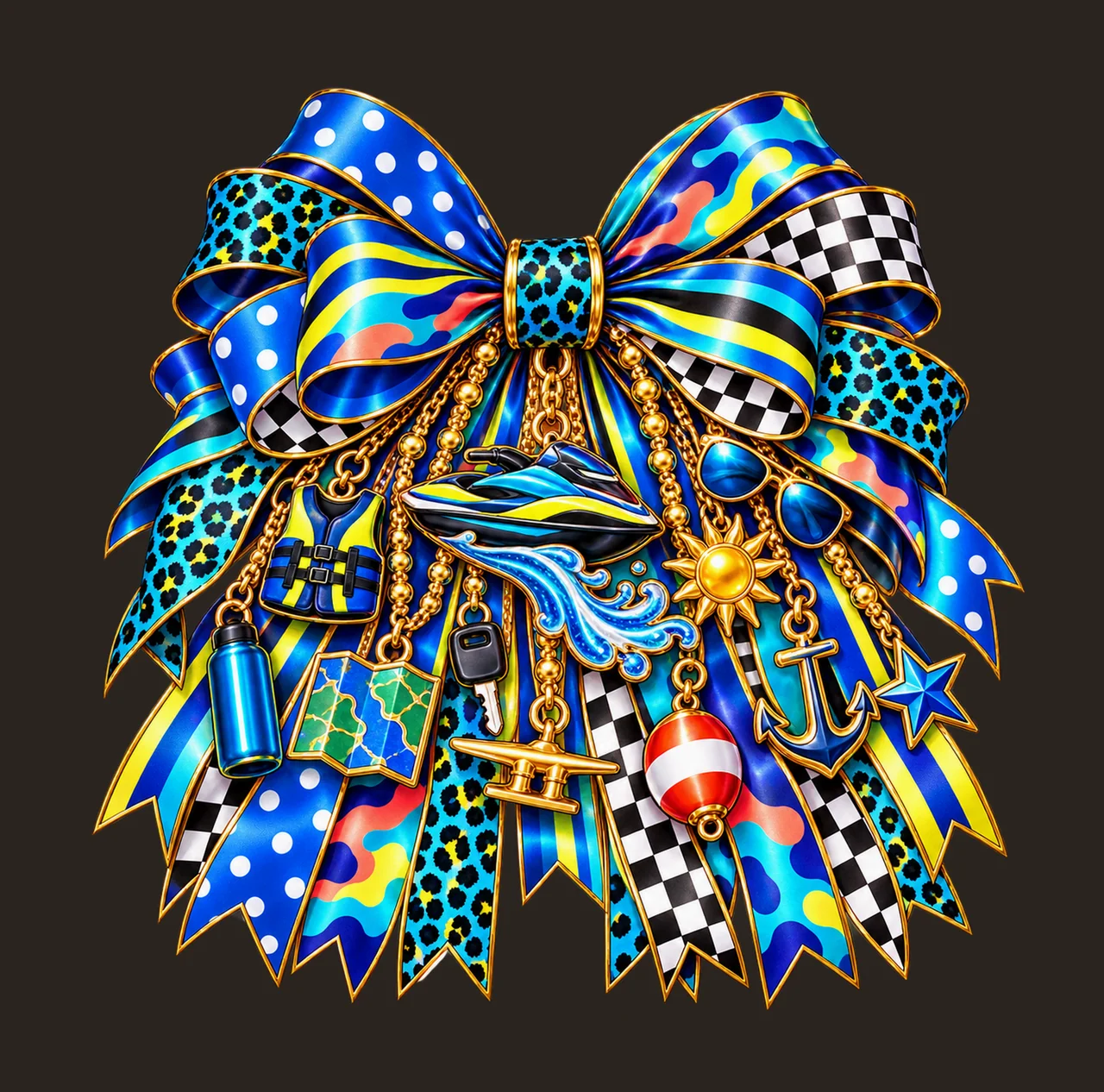 Jet Skiing Lover Bow Charm PNG, Gold Chain Charms, Transparent Sublimation Design, Digital Download contrast preview thumbnail