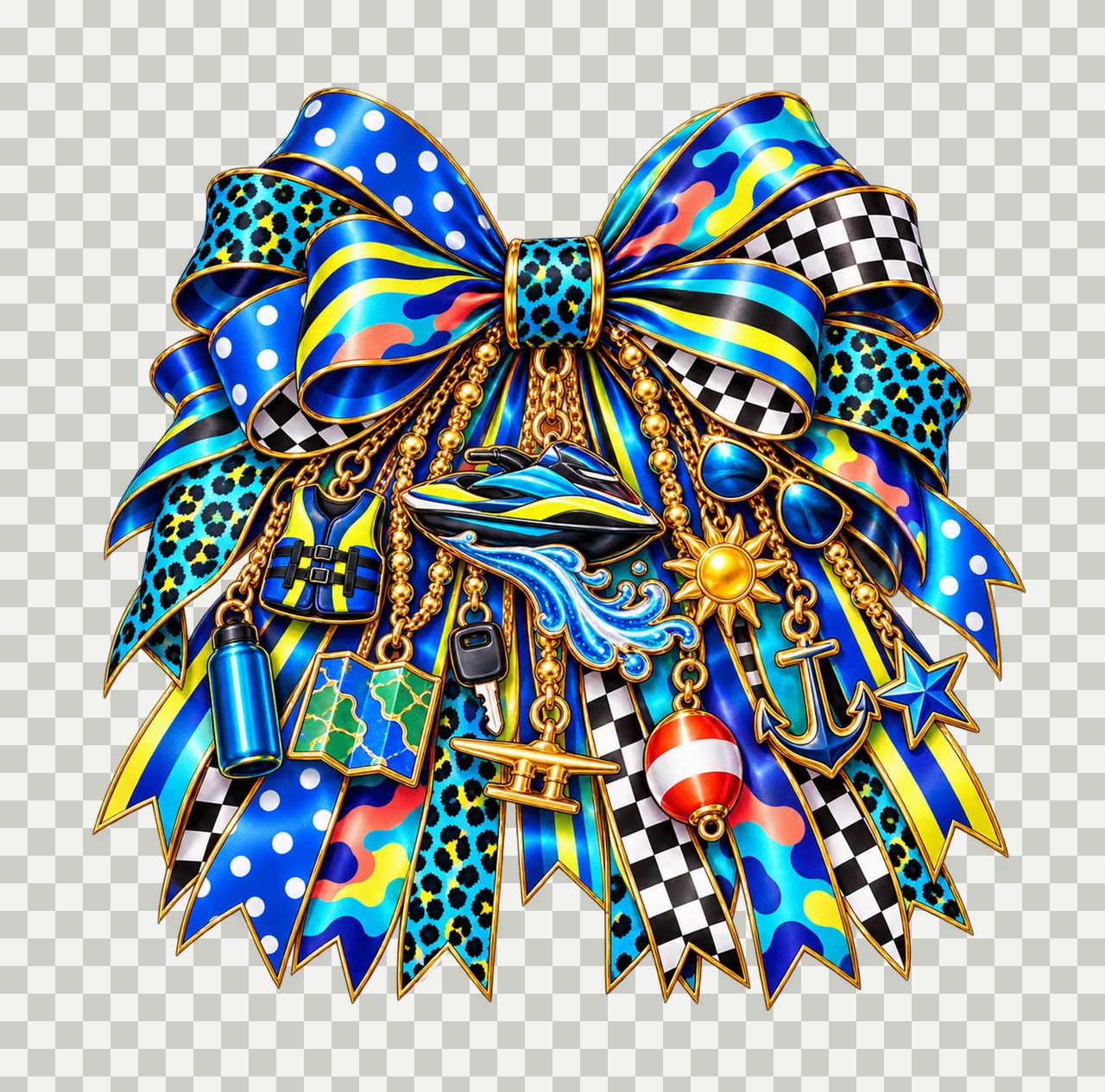 Jet Skiing Lover Bow Charm PNG, Gold Chain Charms, Transparent Sublimation Design, Digital Download transparency and detail preview thumbnail